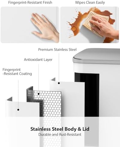 Lovewind Double Trash Can Kitchen, 13+5.5 Gallon Stainless Steel Dual Trash and Recycle Bin Combo with Silent Close Lid, Heavy-Duty Foot Pedal, Easy to Clean Garbage Can for Large Families, White