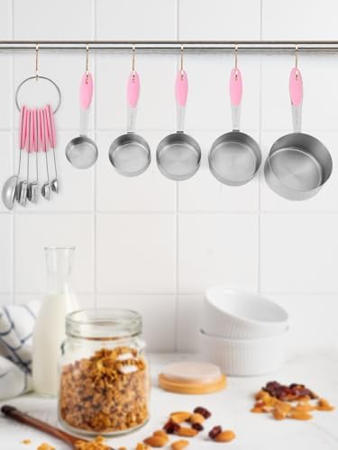 Joyhill Stainless Steel Measuring Cups and Spoons Set of 10 Piece, Nesting Metal Measuring Cups Set with Soft Touch Silicone Handles for Dry and Liquid Ingredients, Cooking & Baking (Pink)