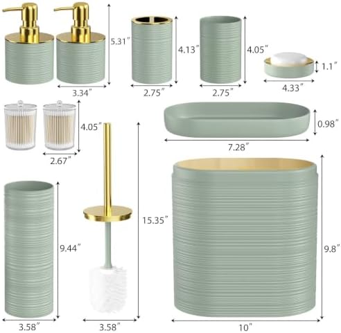 Bathroom Set, 10PC Bathroom Accessory Set, Sage Green Bathroom Accessories, Sage Green and Gold Bathroom Set with Trash Can, Soap Dispensers
