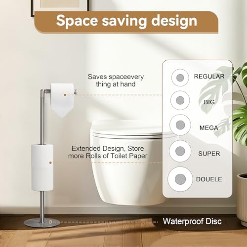 BGL Freestanding Toilet Paper Holder, Tissue Holder On Floor with Reserve Storage Paper Rolls, Roll Paper Holder Standing On Floor (Brushed Nickel)