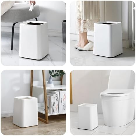 2 Pack Square Modern Trash Can Bedroom, 3Gal/12L Bathroom Trash Can Hidden Bag, Open Top Trash Bin Square Plastic, Minimalist White Garbage Can with Inner Bucket (with 2 Handles) for Kitchen Office