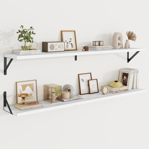 Floating Shelves 8 Inch Deep, 48W x 8D Wall Shelf Set of 2, 70 lbs Heavy Duty Reversible Metal Brackets, Industrial Book Shelf for Living Room Kitchen Bathroom Bedroom Gallery Wall, White
