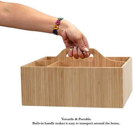 MobileVision Bamboo Multi-Purpose Caddy with Handle, 3 Sections, Sturdy Durable Carrier for Cleaning Supplies, Spray Bottles, Towels, Sponges and more