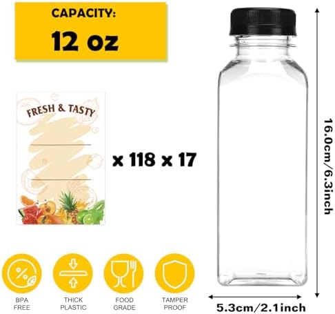BAKHUK 2006pcs 12oz Empty Plastic Juice Bottles with Caps, Sticker Labels