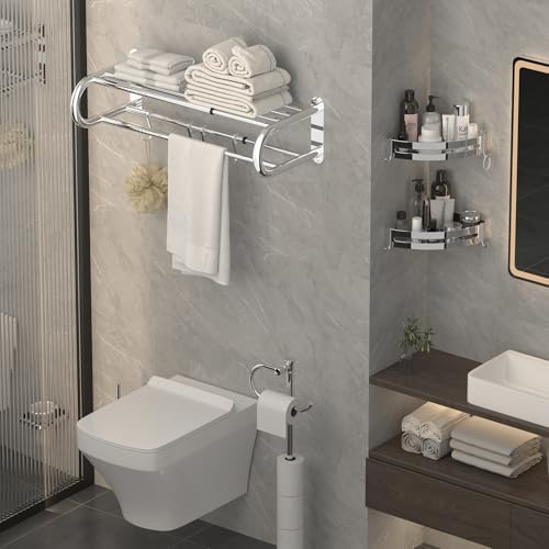 BESy Adjustable Bathroom Towel Rack with Shelf, Towel Bar, Chrome