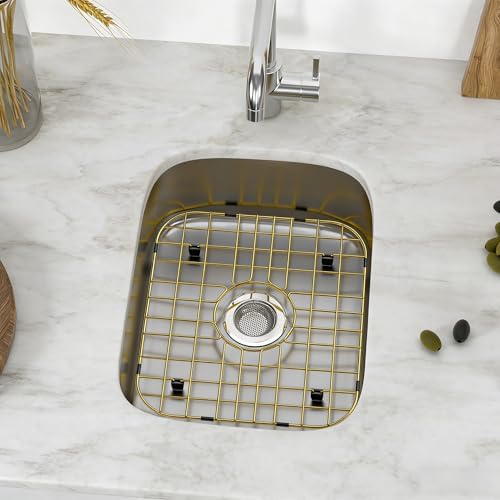 Golden Kitchen Sink Rack,13.7”x11.6” Sink Protector for Kitchen Sink with Centered Drain,Stainless Steel Sink Grate with Strainer, Metal Sink Grid with Corner Radius 2" for Bottom of Sink,1 pack