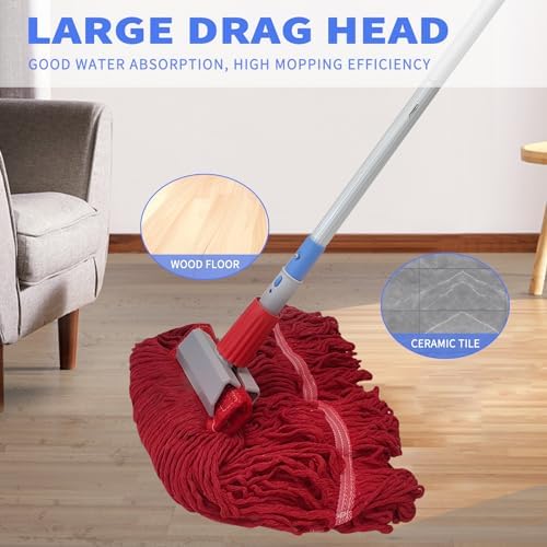 Commercial Mop-Heavy Duty Industrial 59 inch Looped-End String Mop Heavy Duty Industrial Cotton Mophead Includes 2 Head for Home,Garage, Workshop, Warehouse Floor Cleaning-red