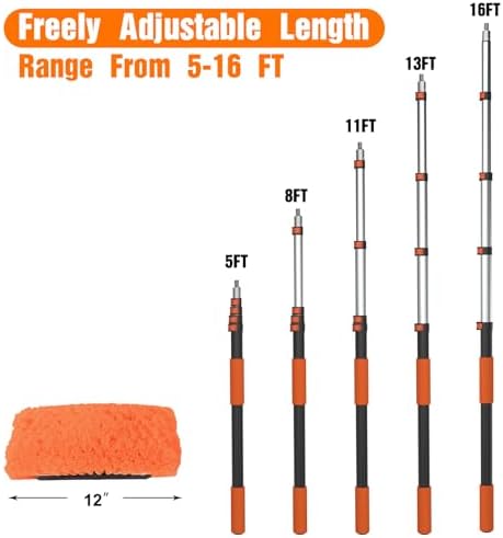 LAANPOLE 16FT Car Wash Brush with Long Handle, Car Cleaning Kit with Soft Bristle Wash Brush, Microfiber Cleaning Mop, Window Squeegee, Mitt, Wheel Brush, Bucket, Drying Towel for RV, Truck, Boat