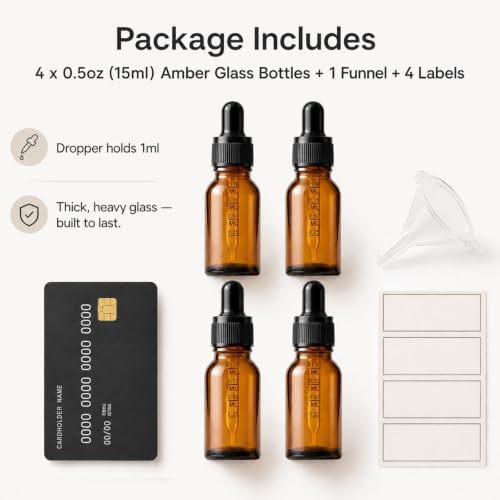 PrettyCare 99 Pack 0.5 oz Amber Glass Dropper Bottle with Black Cap, 15ml Mini Dropper Bottles Bulk - Empty Eye Dropper Bottles for Samples, Hair Oil, Liquid & Lab