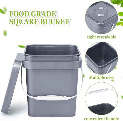 Suzile 10 Pcs Food Grade Square Bucket with Lid 1 Gallon Plastic Bucket 4.5L Utility Industrial Pail with Handle Container for Food Oil Tub Water Fishing Paint House Cleaning Car Washing(Grey)