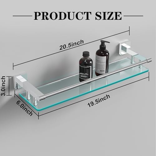 Glass Shelves for Bathroom, 20IN Rectangular Chrome Stainless Steel Tempered Glass Shelf Wall Mount Shelf Sink Over Toilet Modern Bathroom (Chrome Polished, 20‘’)