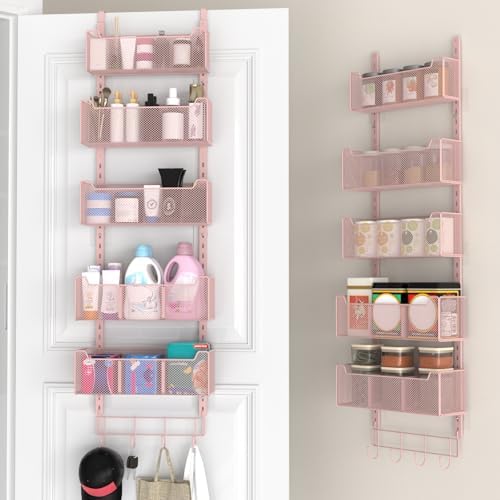 VyGrow Over The Door Organizer, Metal Door Organizer Hanging with 5 Adjustable Baskets and Coat Hook, Behind The Door Storage for Bedroom Closet Bathroom Pantry Cabinet Kitchen, Pink