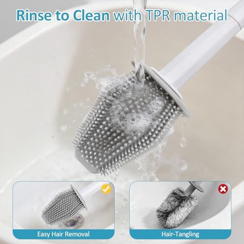 Silicone Toilet Brush & Holders, 2 Pack Toilet Cleaner Brush Set Wall Mounted, Deep Cleaner Loo Brush with Dual-sided Head and Long Plastic Handle, Anti-drip Bathroom Accessories (White)