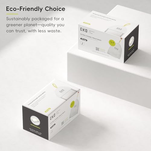 EKO 12.9 Gallon / 45-49 Liter, 60 Count Drawstring Trash Bags, Extra-Strong Unscented Garbage Bags, Easy-Dispense Roll for Kitchen & Household Use, Resists Tears, Leaks and Punctures, Code J, White