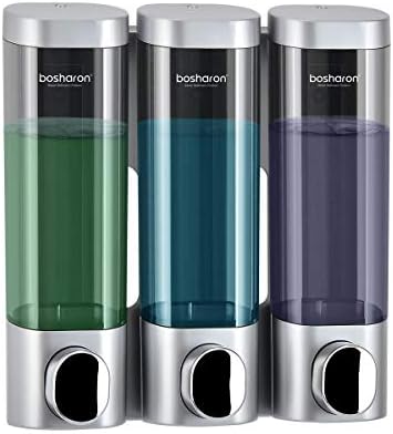 Triple Soap Dispenser Plastic Wall Mount Manual Liquid 3x300ml Shampoo dispensers with Lock for Bathroom (Silver Grey)