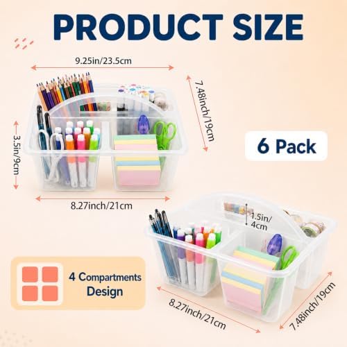6 Pack 4 Compartment Classroom Caddy with Handle, Clear