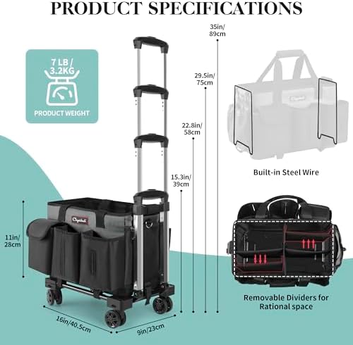 Chyaidach Rolling Cleaning Caddy, Cleaning Supplies Organizer with Trolley, Wearable Cleaning Tote Bag on Wheels with Hard Bottom, Cleaning Carts for Housekeepers/Home/Car/Office/Picnic (Grey)