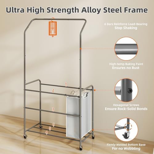 ROMOON Laundry Hamper Sorter Cart, 4 Section Organizer with Hanging Bar