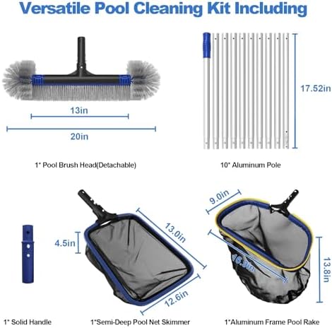 Poolvio 5-in-1 Pool Cleaning Kit - Includes Semi-Deep Skimmer Net, Aluminum Leaf Rake, 20' Pool Brush with 13ft Adjustable Pole