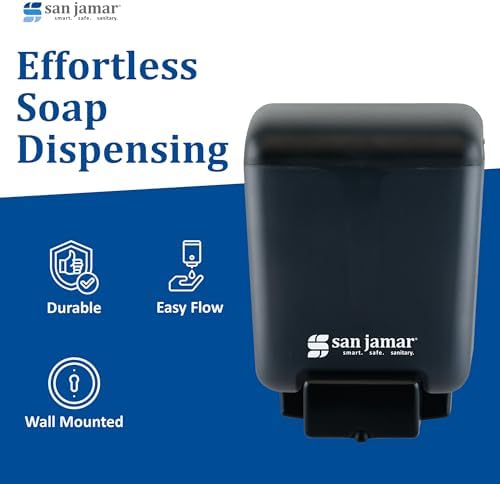 San Jamar Classic Soap Dispenser for Public Restrooms, Manual, Wall Mounted, Refillable, Plastic, 30 Ounce Capacity, Black Pearl (Pack of 6)