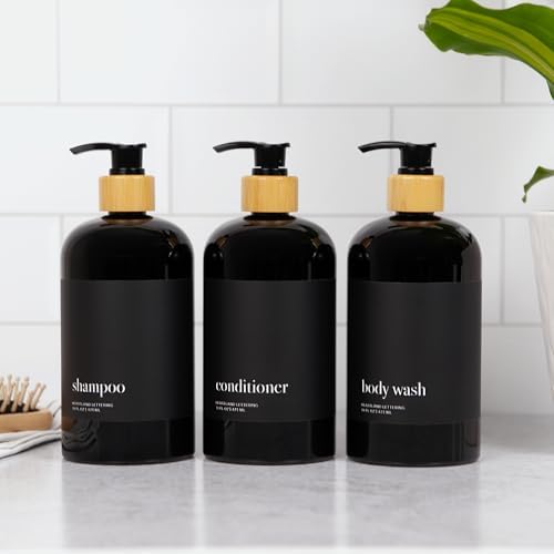 Heartland Lettering's Stylish Glossy Black Shampoo Dispensers with Matte Black Labels, Set of 3 Modern Shatterproof Plastic Bottles with Bamboo Pumps Instantly add Organization to Your Bathroom