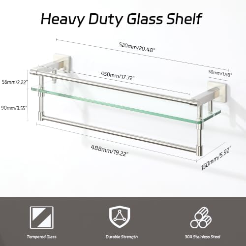 Alise Bathroom Shelf with Towel Bar, 20" Glass Bathroom Shelf Wall Mounted