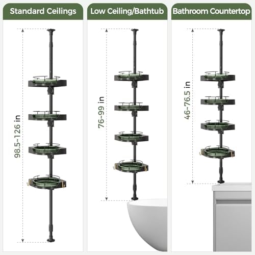 AKINBAS 360° Rotating Shower Caddy Tension Pole with 4-Tier Rustproof Lazy Susan 35-128 Inch No Drilling Coner Shelves Adjustable Shower Rack for Bathroom Bathtub Washbasin Plant Storage (Black+Green)