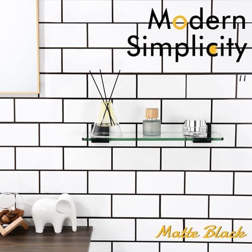 KOKOSIRI Bathroom Glass Shelf 16-Inch Tempered Glass Floating Shelves Shower Storage Kitchen Hanging Rack Wall Mount, Black Stainless Steel B1107BK-L16