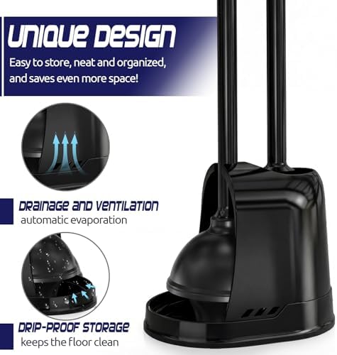 Reallnaive 4 Set Toilet Plunger and Brush Set with Ventilated Holder 2 in 1 Toilet Bowl Brush and Heavy Duty Plunger Combo Bathroom Cleaning Kit for Home and Commercial Bathrooms Drainage(Black)