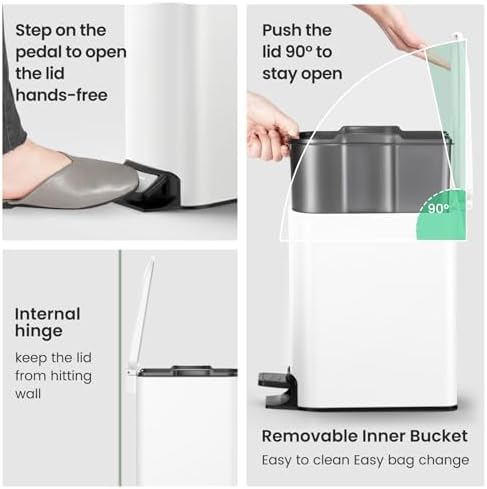Cesun Small Bathroom Trash Can with Lid, 1.6 Gal, Soft Close, White