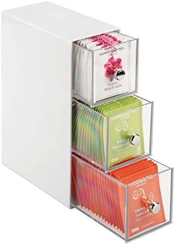 mDesign Plastic Kitchen Pantry Stackable Storage Organizer Container Station with 3 Drawers for Cabinet, Countertop, Holds Coffee, Tea, Sugar Packets, Creamers - Lumiere Collection - White/Clear