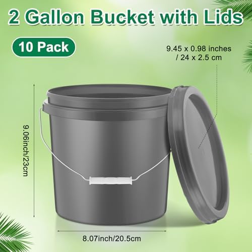 Tioncy 10 Pcs 2 Gallon Plastic Buckets with Lids and Handles,Grey