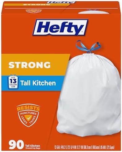 Hefty Strong 13G Tall Kitchen Trash Bags, White, Unscented, 90ct