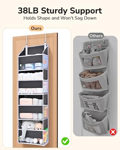 ULG 2 Pack Small Over Door Organizer with 4 Large Pockets 8 Mesh Side Pockets, Hanging Storage Organizer with Clear Window Kids Toys Deep Gray