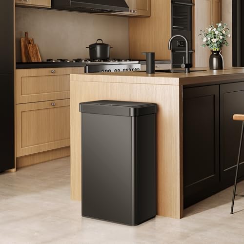 EKO Econova 30L+30L Dual Compartment Motion Sensor Trash Can,16 Gallon Automatic Kitchen and Recycling Bin, Soft-Close Lid, Stainless Steel Garbage Bin, 2 Inner Buckets, Matte Black