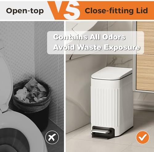 TrashAid Slim Bathroom Trash Can with Lid Soft Close & Pedal, 1.6Gal, White