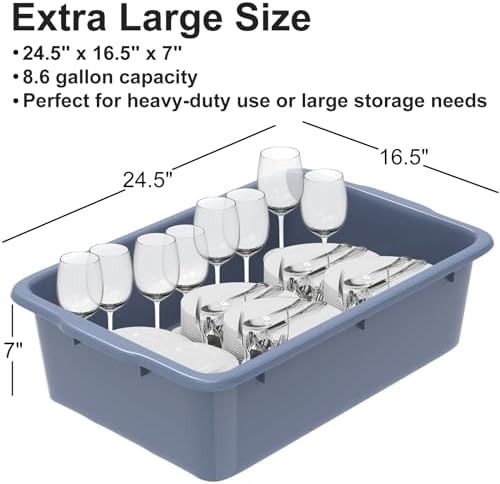 4 Pack Commercial Plastic Bus Tubs 8.6 Gallon (33L) - Heavy Duty Wash Basin & Dish Box Tote for Restaurant Kitchen Organization - 24.5" L x 16.5" W x 7" H Gray Utility Box