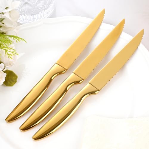 Gold Steak Knives Set of 8, Stainless Steel Kitchen Serrated Steak Knives