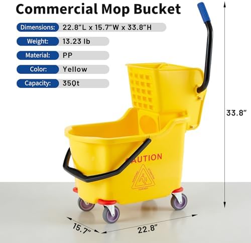 Garvee Commercial Mop Bucket with Side Press Wringer on Wheels, 35 Quart Capacity for Floor Cleaning, Kitchens, Restaurants, and Janitorial Use, Yellow, Polypropylene
