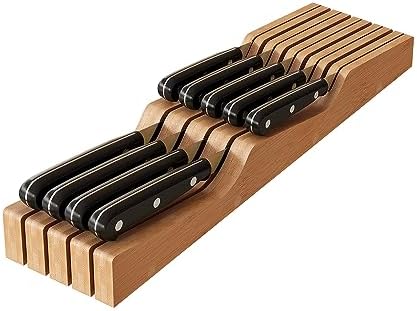 In-Drawer Knife Block Organizer - Bamboo Wood Drawer Knife Organizer-Protecting Knife Organizer Block (Not Included) (Natural, 9 Knives Dock)