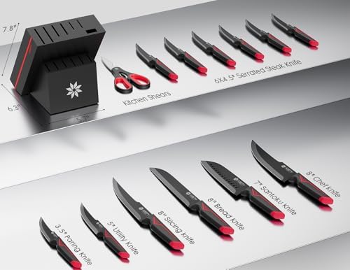 ASETY Knife Set with Block, 15 PCS Kitchen knife Set, Dishwasher Safe, Red