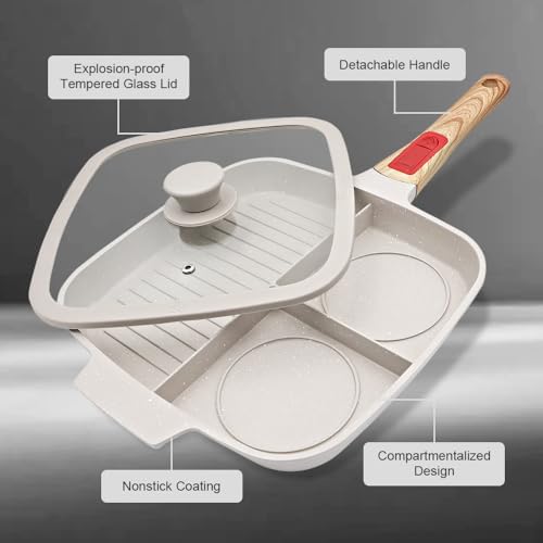 Nonstick 3 Section Grill Pan for Stove Tops, White