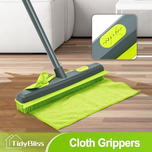TidyBliss Pet Hair Removal Broom with Squeegee, 55 inches Rubber Brush Carpet Rake Fur Remover Tool and 1 Microfiber Cloth for Cleaning Rug, Tile, Hardwood Floor (Green)