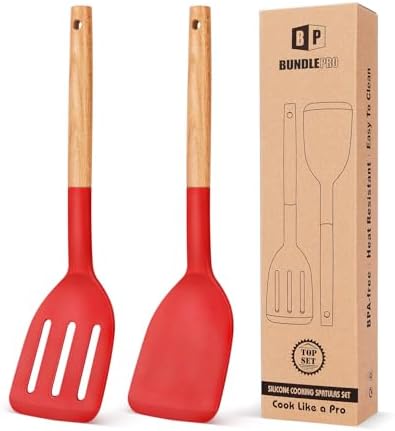 BUNDLEPRO Silicone Spatula, Solid & Slotted Turner, BPA-Free, 2 Pack, Red