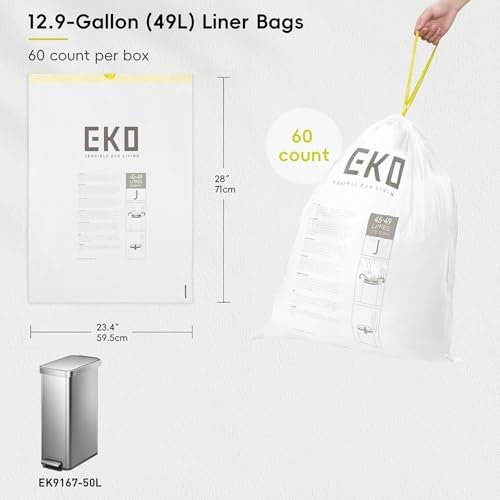 EKO 12.9 Gallon / 45-49 Liter, 60 Count Drawstring Trash Bags, Extra-Strong Unscented Garbage Bags, Easy-Dispense Roll for Kitchen & Household Use, Resists Tears, Leaks and Punctures, Code J, White