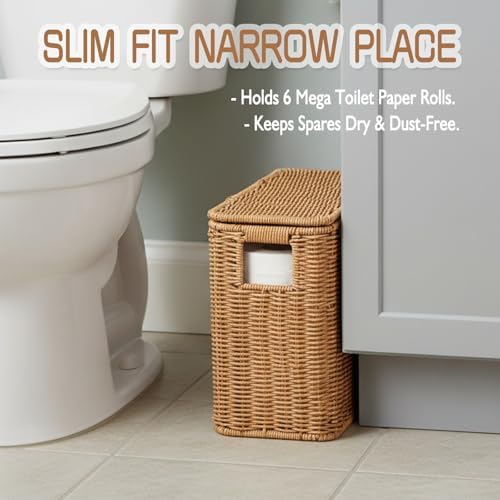 Toilet Paper Storage Basket with Lid, Slim Bathroom Poly Rattan Organizer