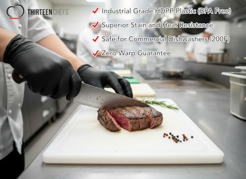 Thirteen Chefs 18x12 White Cutting Board with Groove, 1/2" Thick Plastic