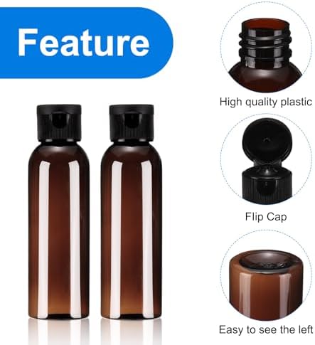 uxcell 2 Oz Plastic Bottles with Flip Caps, 24 Pcs Reusable Travel Size Containers with Lids Plastic Squeeze Refillable Dispensing Bottles for Shampoo, Body Soap, Toner(Brown Black)