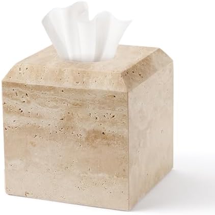 Tissue Box Cover Italy Natural Travertine Stone Heavy Duty Square Facial Toilet Paper Holder for Bathroom Living Room Bedroom Dresser Kitchen Minimalistic Office Home Decor Beige (TBC145WT)