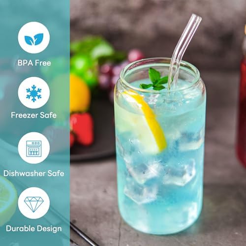 Joyclub 20pcs 16Oz Glass Cups with Bamboo Lids and Straws Drinking Glasses